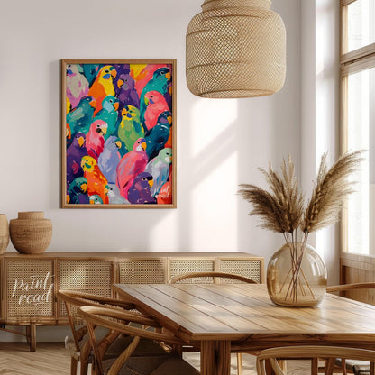 This vibrant painting bursts with a kaleidoscope of colorful parrots, creating a visually arresting… for dining room