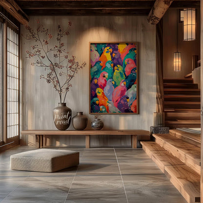 This vibrant painting bursts with a kaleidoscope of colorful parrots, creating a visually arresting… for entryway