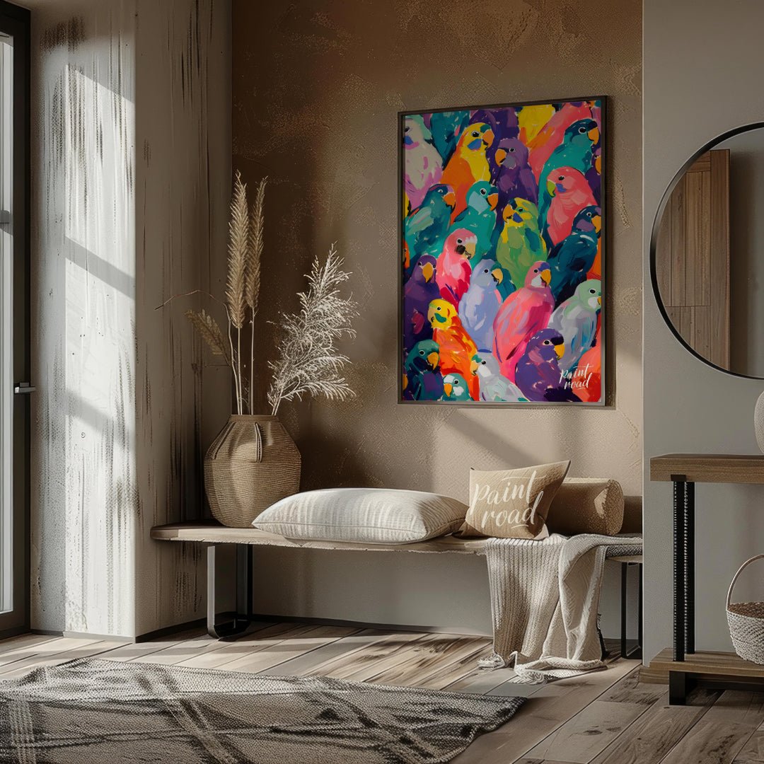 This vibrant painting bursts with a kaleidoscope of colorful parrots, creating a visually arresting… for entryway