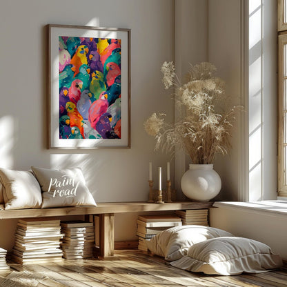 This vibrant painting bursts with a kaleidoscope of colorful parrots, creating a visually arresting… for living room