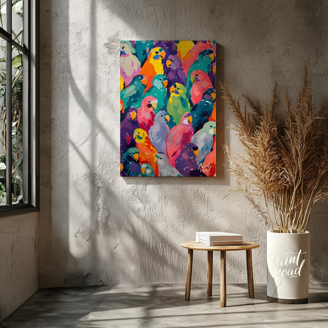 This vibrant painting bursts with a kaleidoscope of colorful parrots, creating a visually arresting… for living room