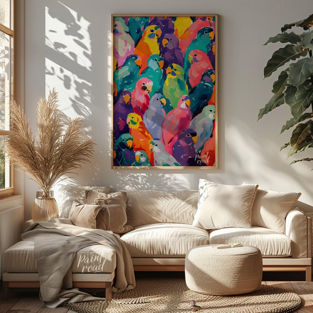 This vibrant painting bursts with a kaleidoscope of colorful parrots, creating a visually arresting… for living room