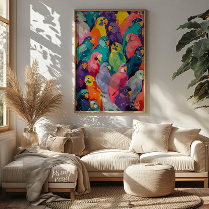 This vibrant painting bursts with a kaleidoscope of colorful parrots, creating a visually arresting… for living room