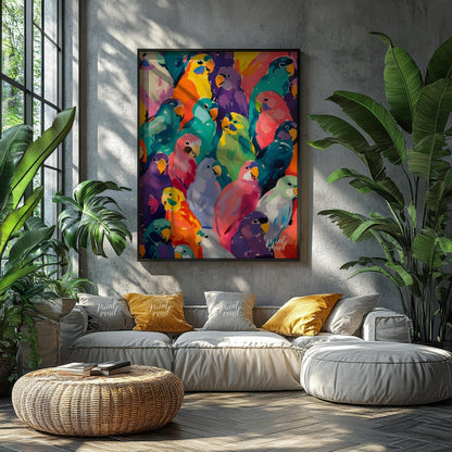 This vibrant painting bursts with a kaleidoscope of colorful parrots, creating a visually arresting… for living room