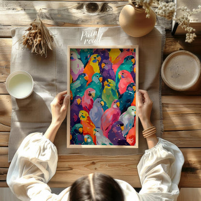 This vibrant painting bursts with a kaleidoscope of colorful parrots, creating a visually arresting… for other