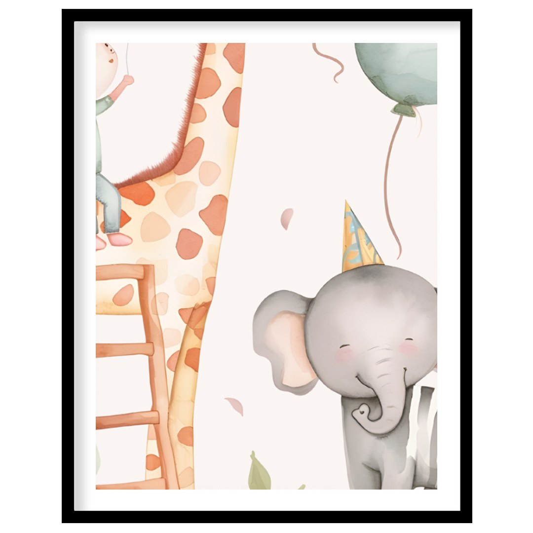 This vibrant watercolor illustration captures a joyous birthday celebration featuring a whimsical c… for room