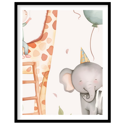 This vibrant watercolor illustration captures a joyous birthday celebration featuring a whimsical c… for room