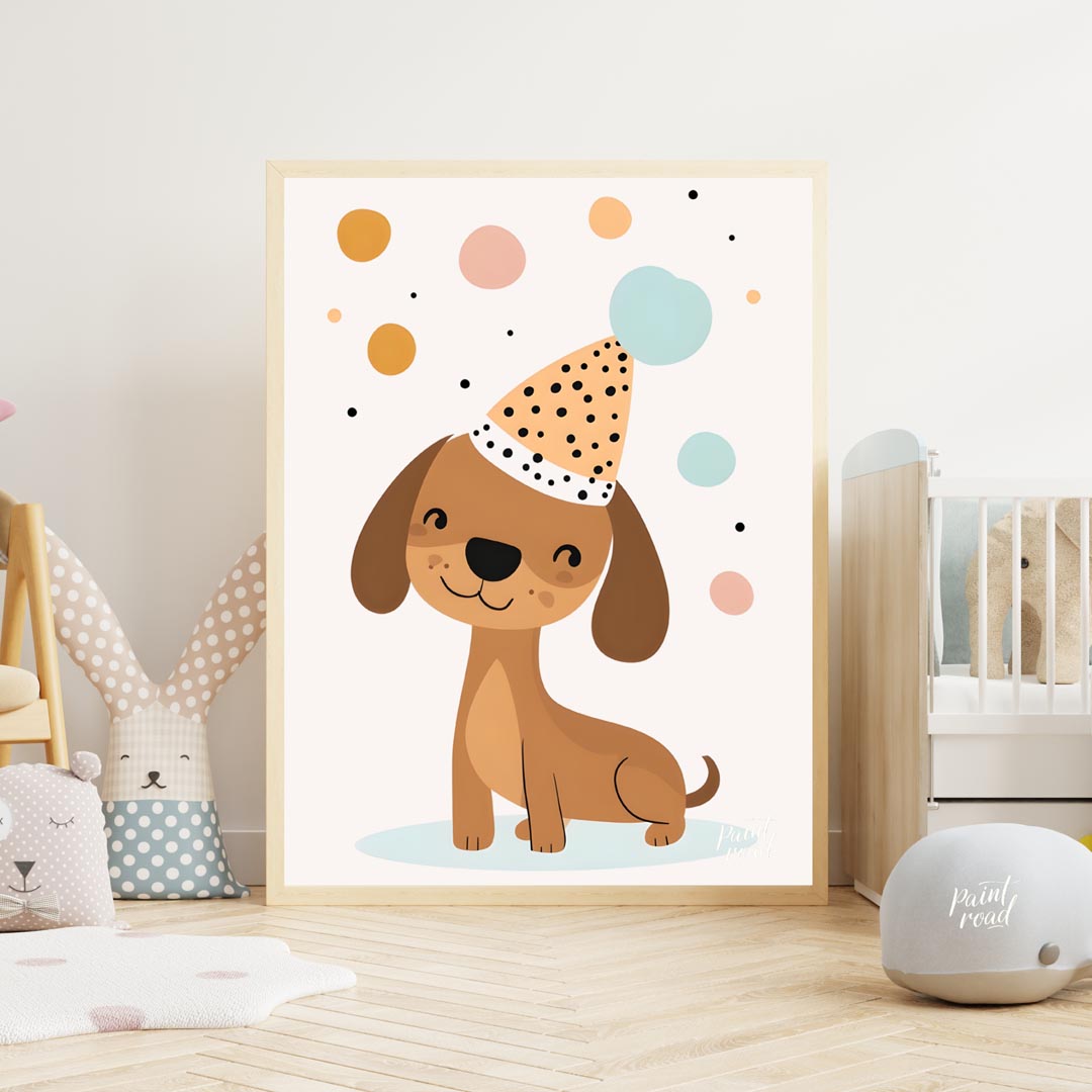 This delightful illustration features an adorable brown dog wearing a festive, polka-dotted party h… for nursery