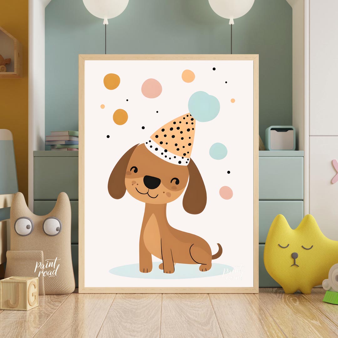 This delightful illustration features an adorable brown dog wearing a festive, polka-dotted party h… for nursery
