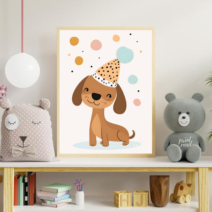 This delightful illustration features an adorable brown dog wearing a festive, polka-dotted party h… for nursery