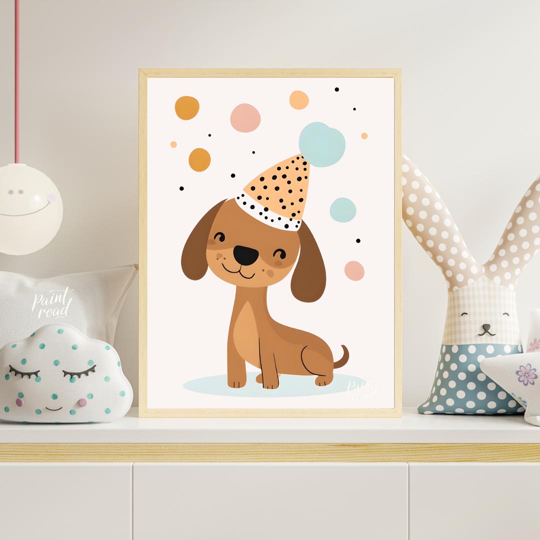 This delightful illustration features an adorable brown dog wearing a festive, polka-dotted party h… for nursery