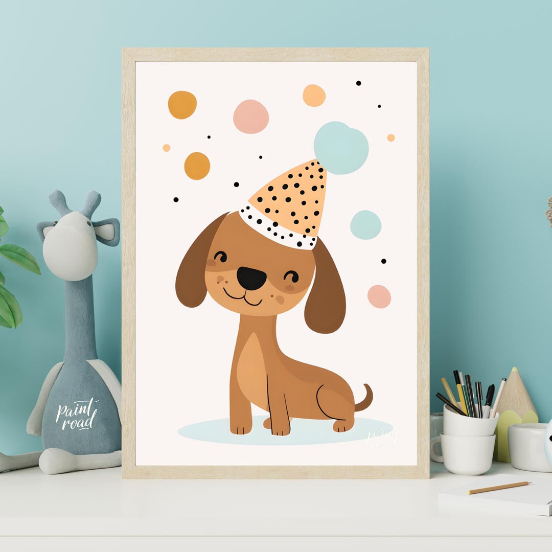 This delightful illustration features an adorable brown dog wearing a festive, polka-dotted party h… for nursery