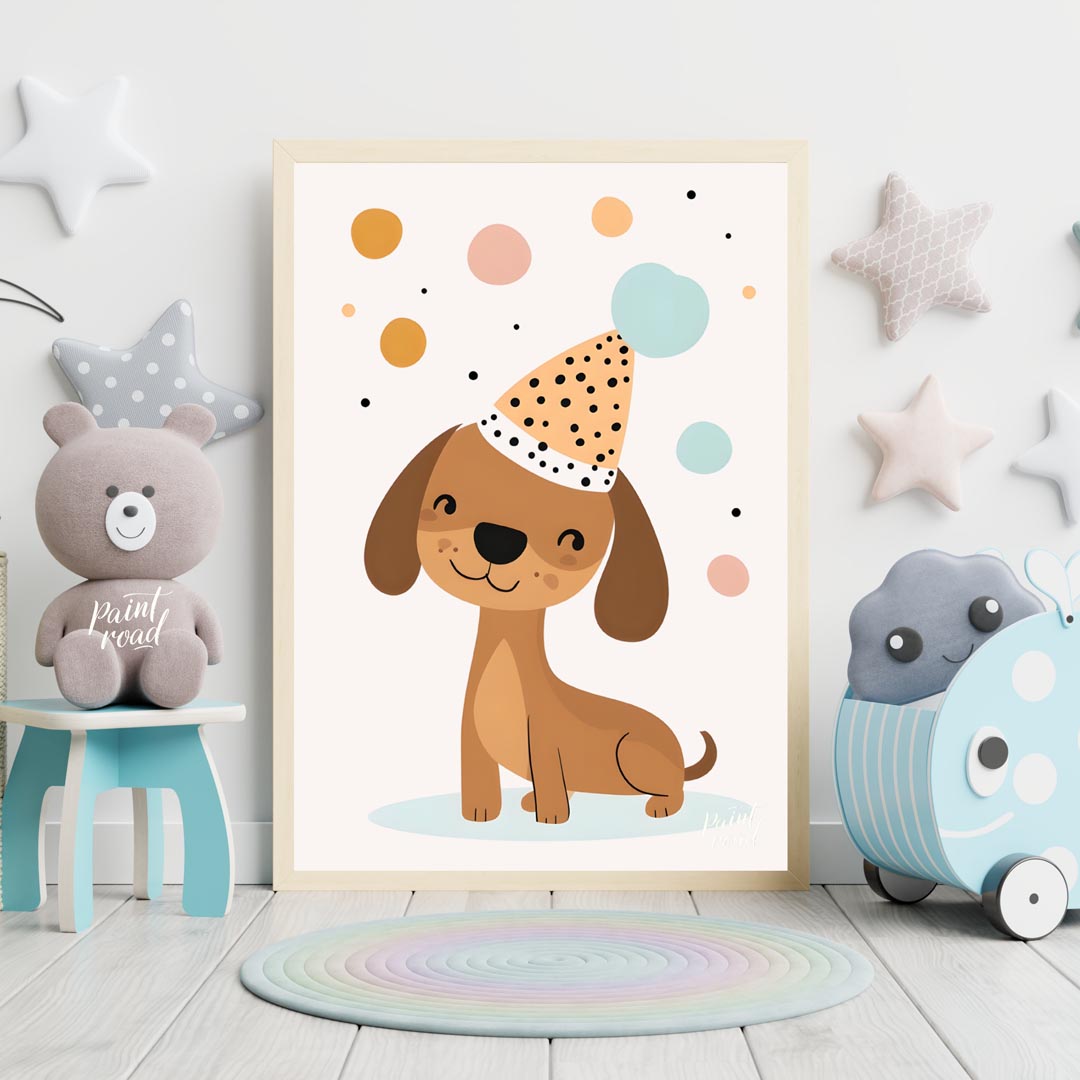 This delightful illustration features an adorable brown dog wearing a festive, polka-dotted party h… for nursery