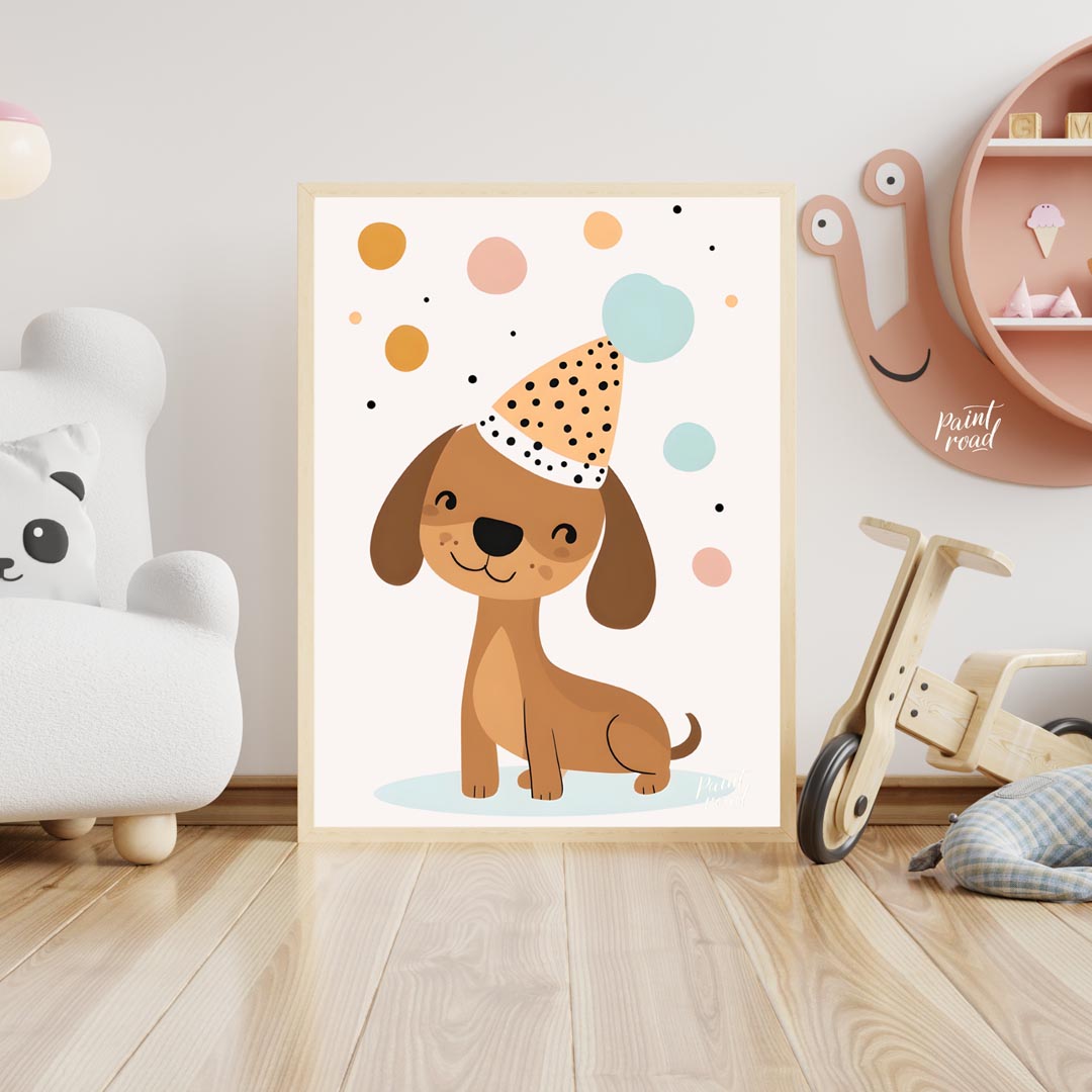 This delightful illustration features an adorable brown dog wearing a festive, polka-dotted party h… for nursery