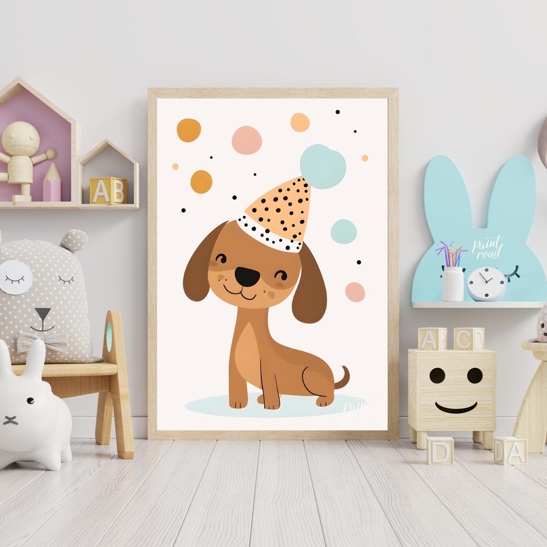 This delightful illustration features an adorable brown dog wearing a festive, polka-dotted party h… for nursery