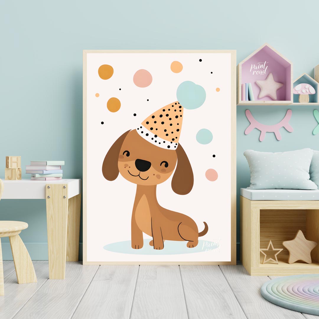 This delightful illustration features an adorable brown dog wearing a festive, polka-dotted party h… for nursery