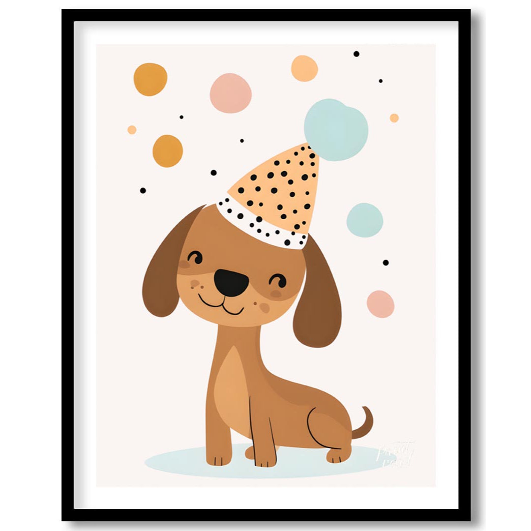 This delightful illustration features an adorable brown dog wearing a festive, polka-dotted party h… for room