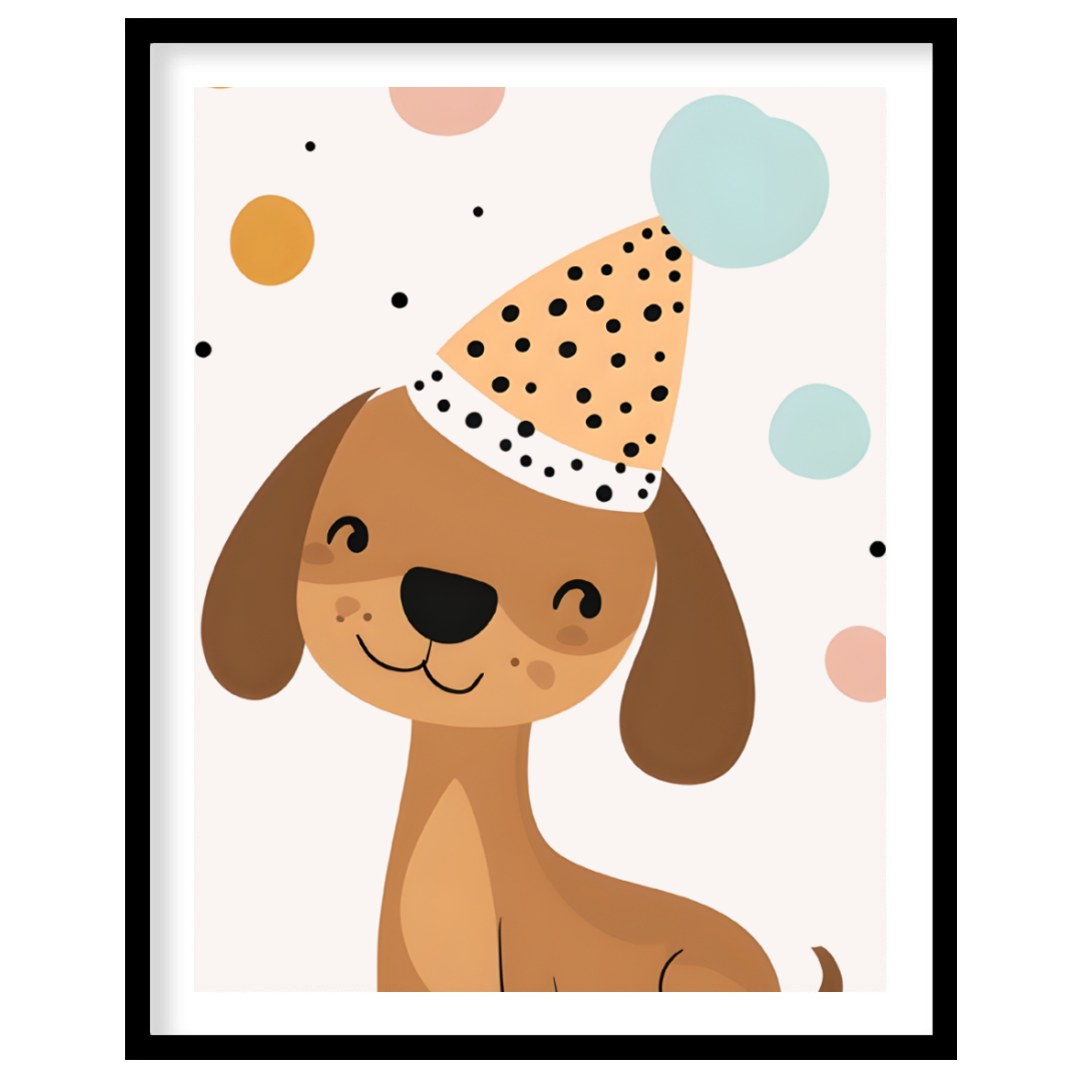 This delightful illustration features an adorable brown dog wearing a festive, polka-dotted party h… for room