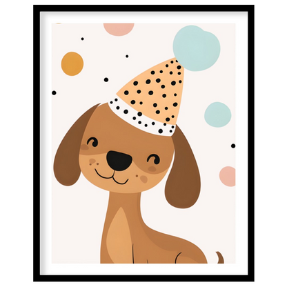 This delightful illustration features an adorable brown dog wearing a festive, polka-dotted party h… for room