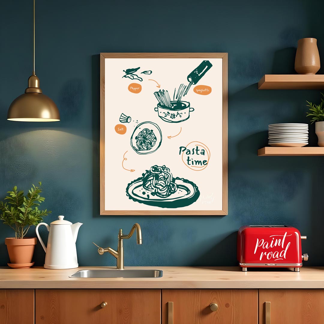 This dynamic poster beautifully illustrates the process of preparing a classic pasta dish, rendered… for kitchen