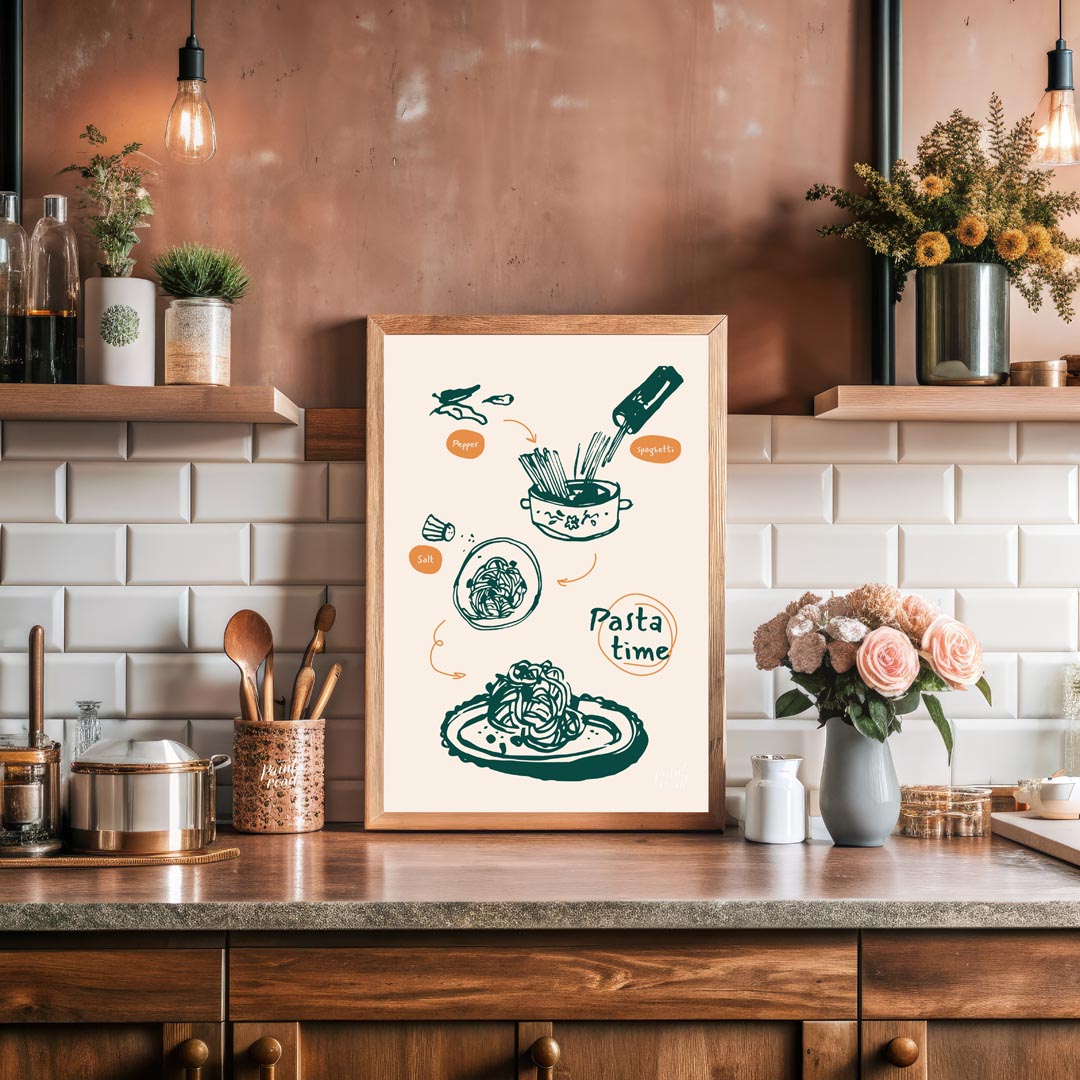 This dynamic poster beautifully illustrates the process of preparing a classic pasta dish, rendered… for kitchen
