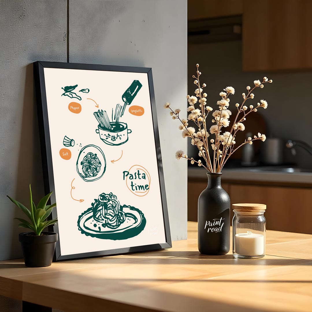 This dynamic poster beautifully illustrates the process of preparing a classic pasta dish, rendered… for kitchen