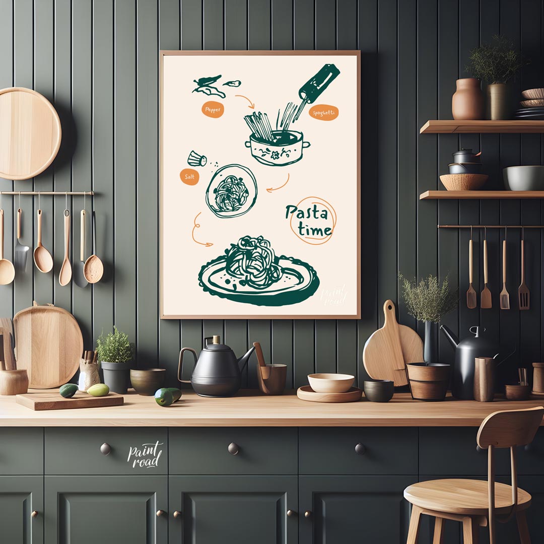 This dynamic poster beautifully illustrates the process of preparing a classic pasta dish, rendered… for kitchen