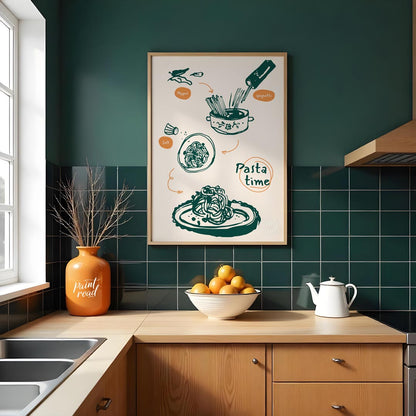 This dynamic poster beautifully illustrates the process of preparing a classic pasta dish, rendered… for kitchen