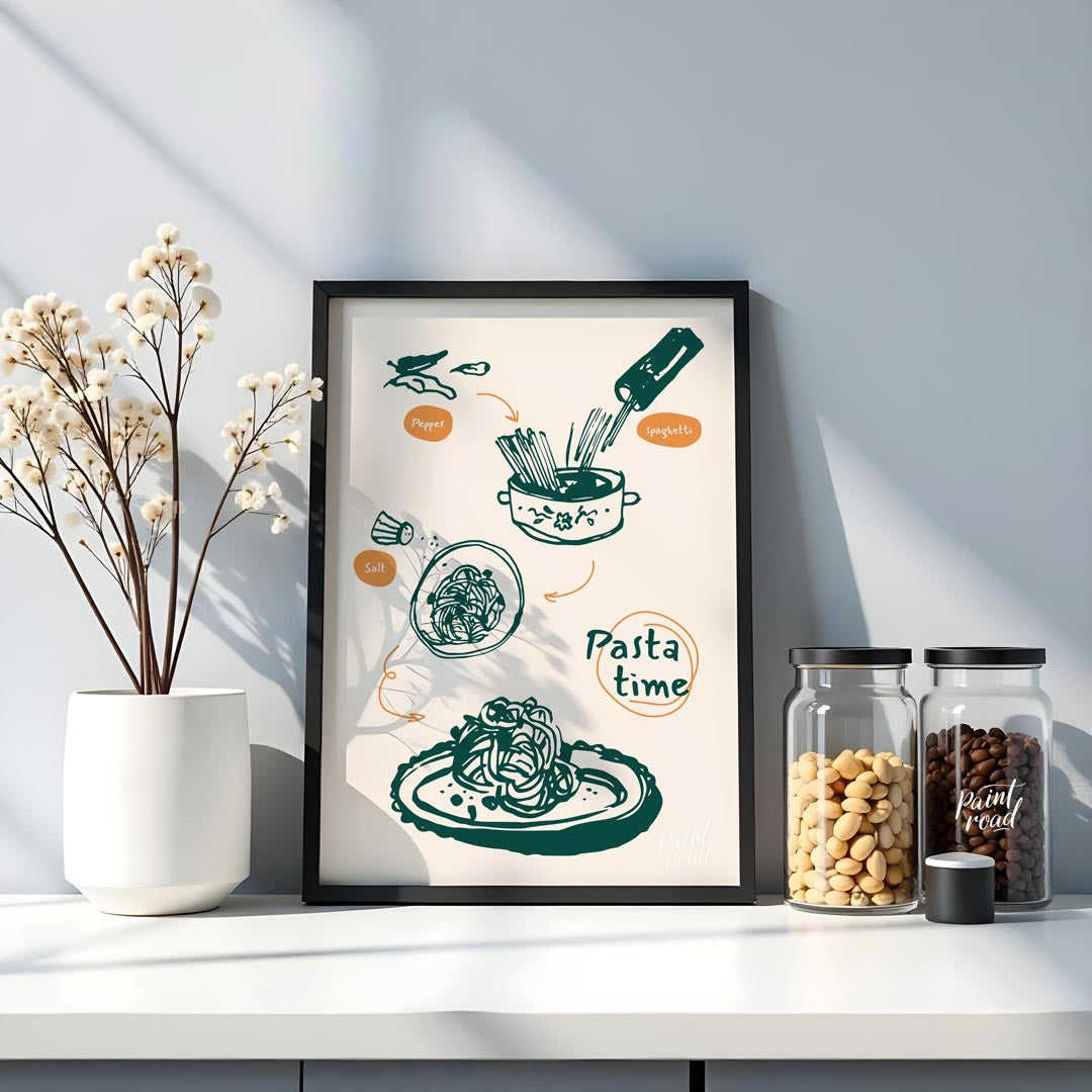 This dynamic poster beautifully illustrates the process of preparing a classic pasta dish, rendered… for kitchen