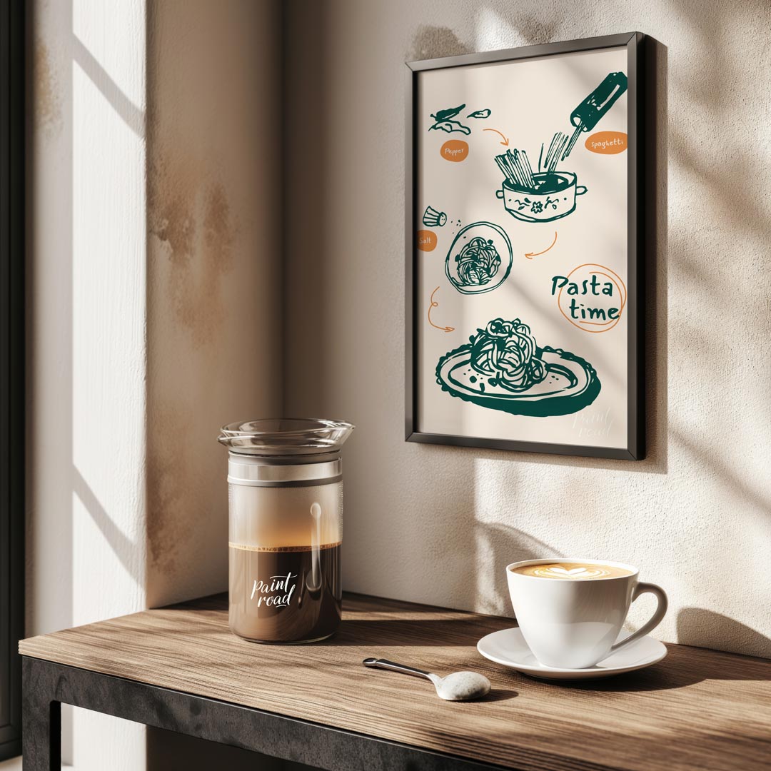 This dynamic poster beautifully illustrates the process of preparing a classic pasta dish, rendered… for kitchen