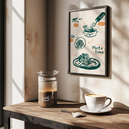 This dynamic poster beautifully illustrates the process of preparing a classic pasta dish, rendered… for kitchen