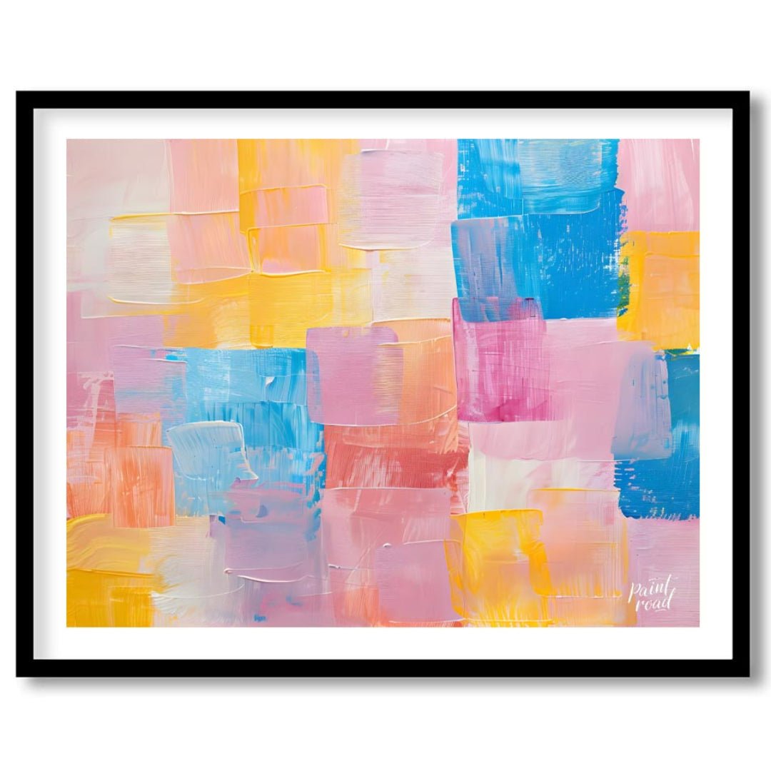 This abstract painting features a dynamic arrangement of rectangular blocks in a soft, pastel palet… for abode