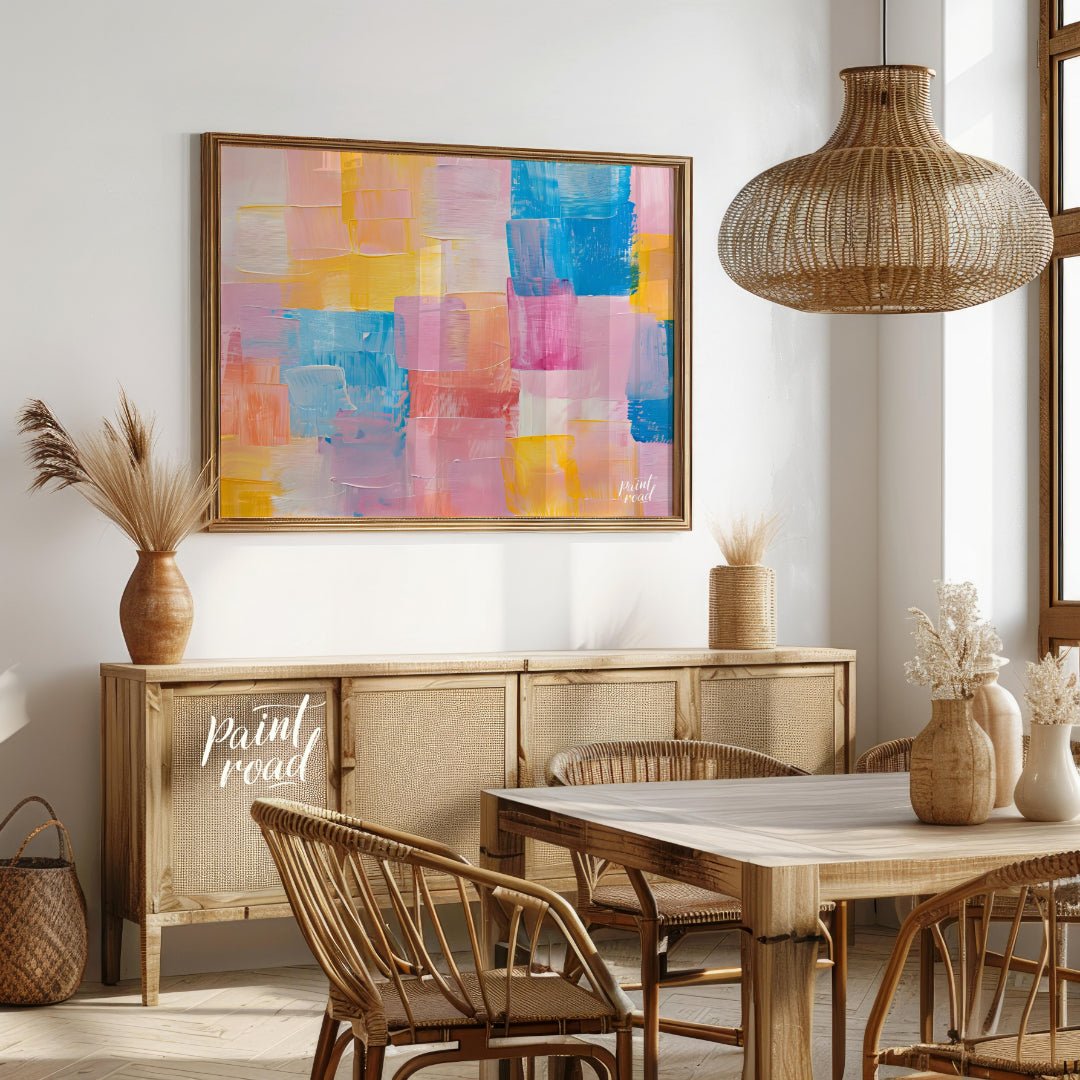 This abstract painting features a dynamic arrangement of rectangular blocks in a soft, pastel palet… for dining room