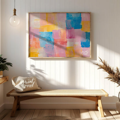 This abstract painting features a dynamic arrangement of rectangular blocks in a soft, pastel palet… for entryway