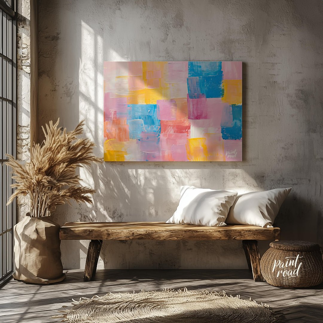This abstract painting features a dynamic arrangement of rectangular blocks in a soft, pastel palet… for entryway