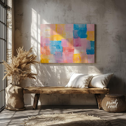 This abstract painting features a dynamic arrangement of rectangular blocks in a soft, pastel palet… for entryway