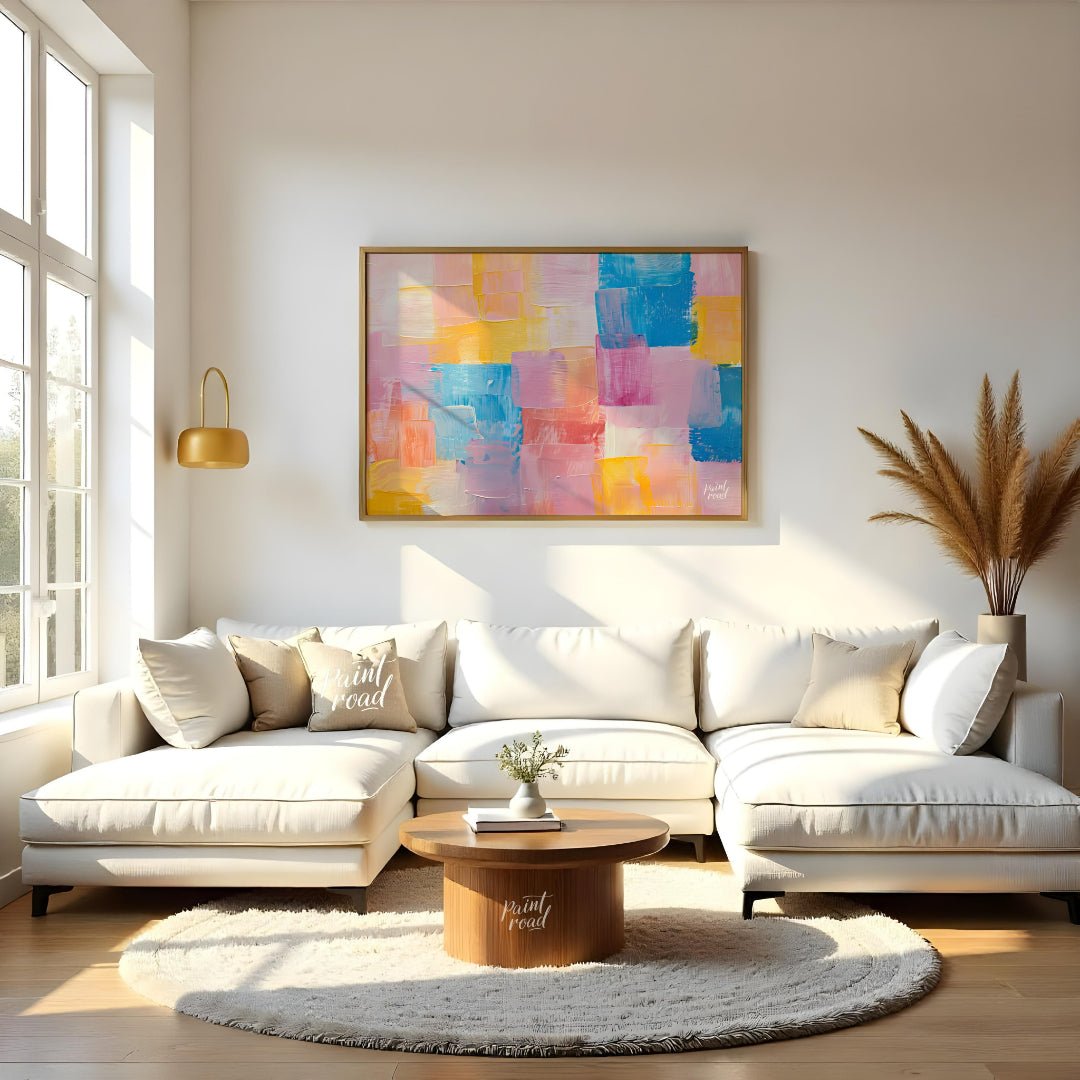 This abstract painting features a dynamic arrangement of rectangular blocks in a soft, pastel palet… for living room