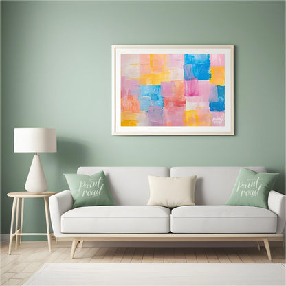 This abstract painting features a dynamic arrangement of rectangular blocks in a soft, pastel palet… for living room