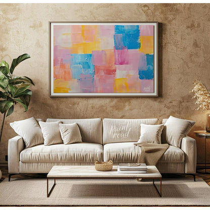 This abstract painting features a dynamic arrangement of rectangular blocks in a soft, pastel palet… for living room
