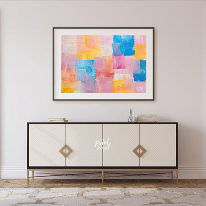 This abstract painting features a dynamic arrangement of rectangular blocks in a soft, pastel palet… for living room