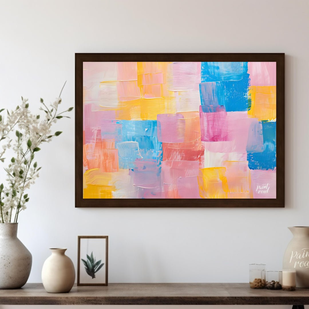 This abstract painting features a dynamic arrangement of rectangular blocks in a soft, pastel palet… for living room