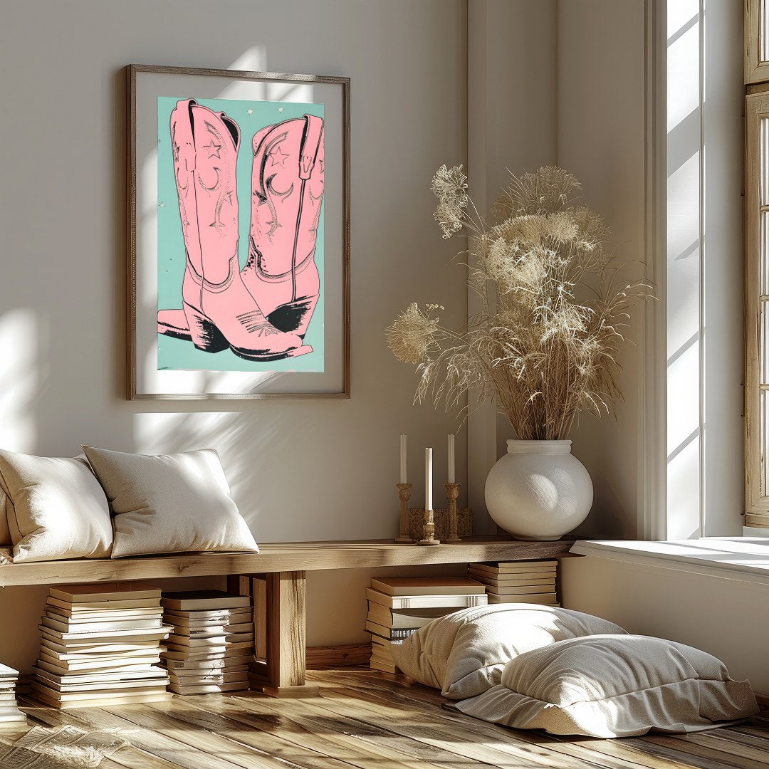 Add a touch of whimsical western flair to your living space with this charming artwork featuring for area