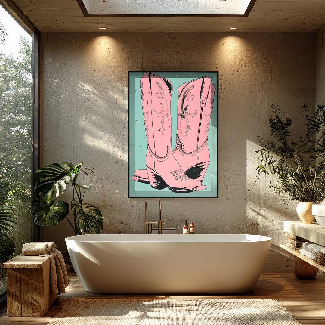 Add a touch of whimsical western flair to your living space with this charming artwork featuring for Bathroom