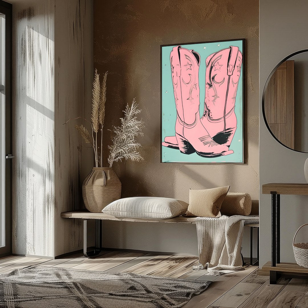 Add a touch of whimsical western flair to your living space with this charming artwork featuring for lovely-house