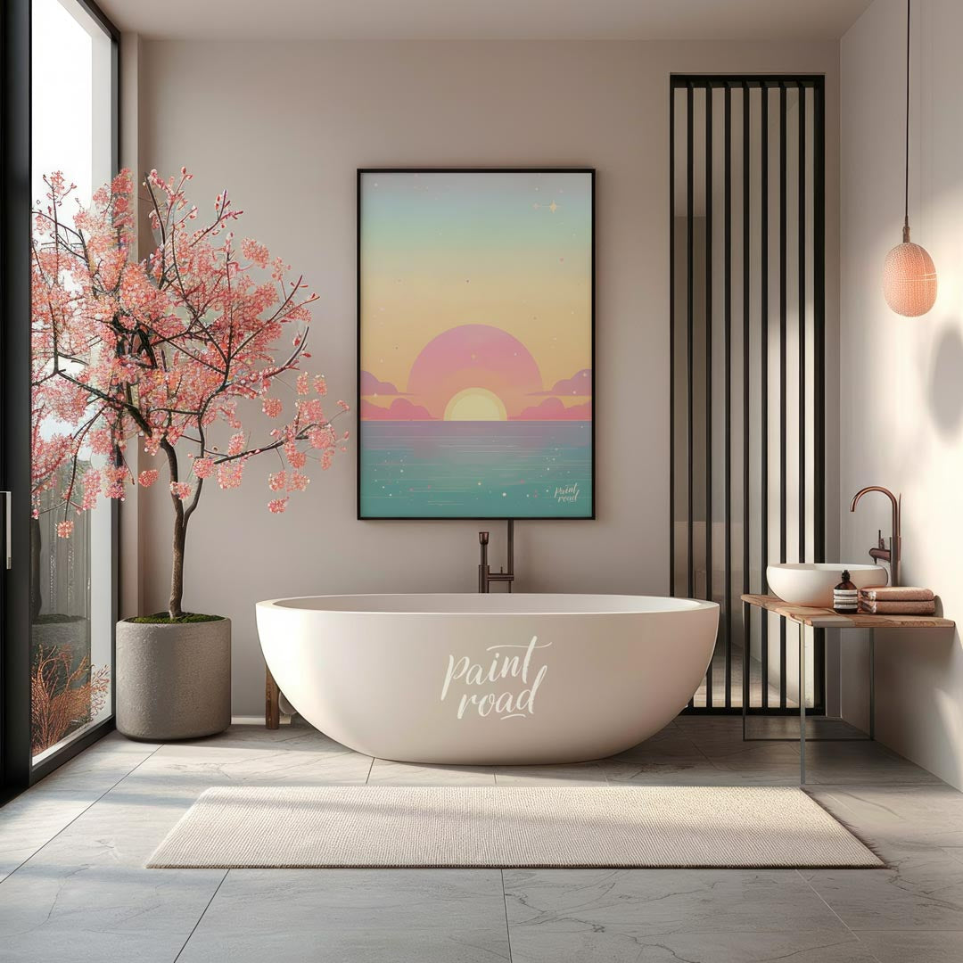 This enchanting art print effortlessly captures the serene beauty of a sunset over a calm expanse o… for bathroom