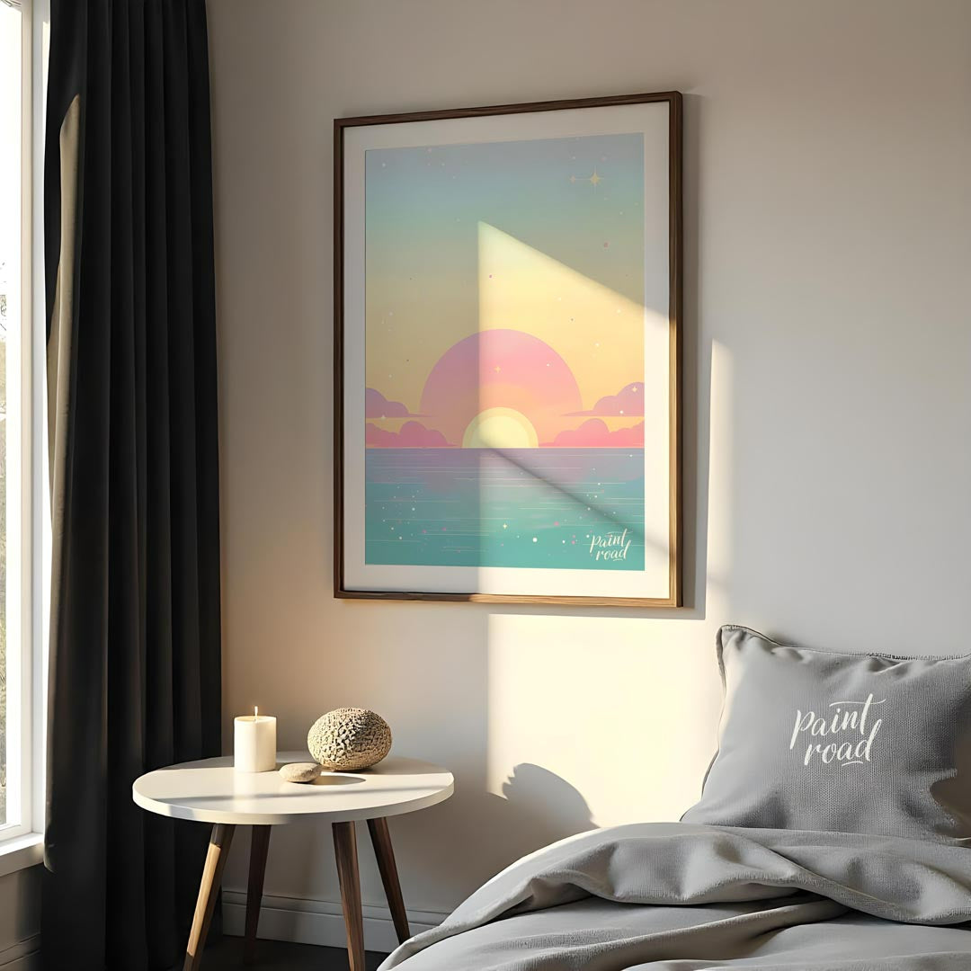 This enchanting art print effortlessly captures the serene beauty of a sunset over a calm expanse o… for bedroom