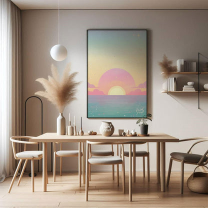 This enchanting art print effortlessly captures the serene beauty of a sunset over a calm expanse o… for dining room