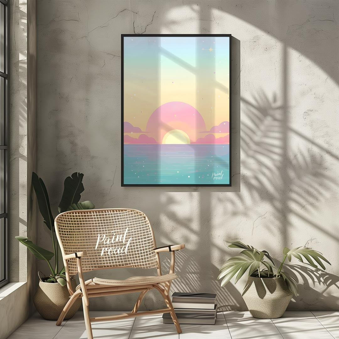 This enchanting art print effortlessly captures the serene beauty of a sunset over a calm expanse o… for living room