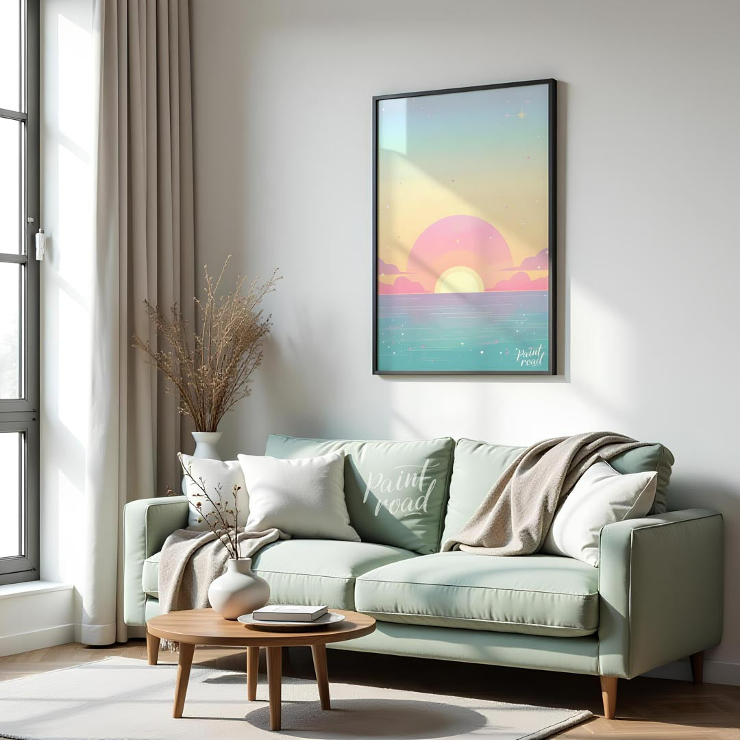 This enchanting art print effortlessly captures the serene beauty of a sunset over a calm expanse o… for living room