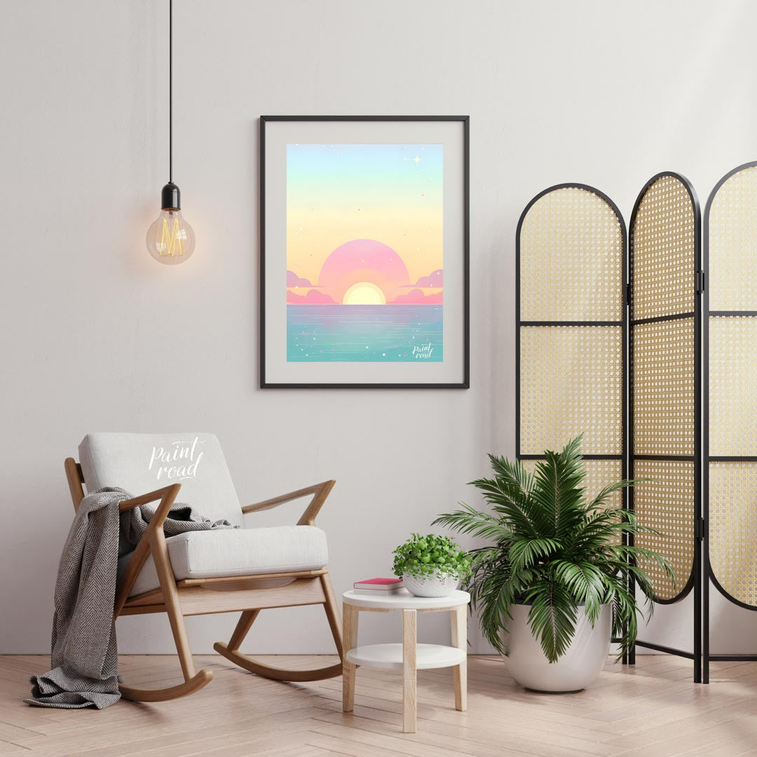 This enchanting art print effortlessly captures the serene beauty of a sunset over a calm expanse o… for living room